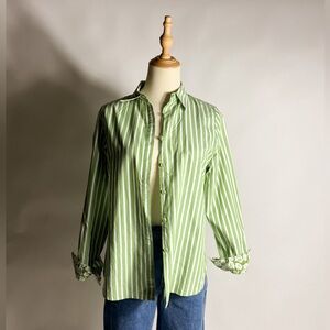 Y2K Jones NY Green Vertical Striped Button Down Shirt Womens Medium Petite